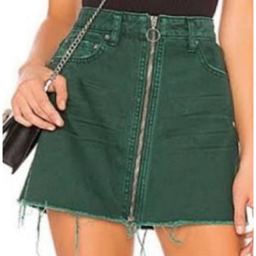 We the Free by Free People Zip It Up Green Mini Denim Grunge Distress Skirt Sz29